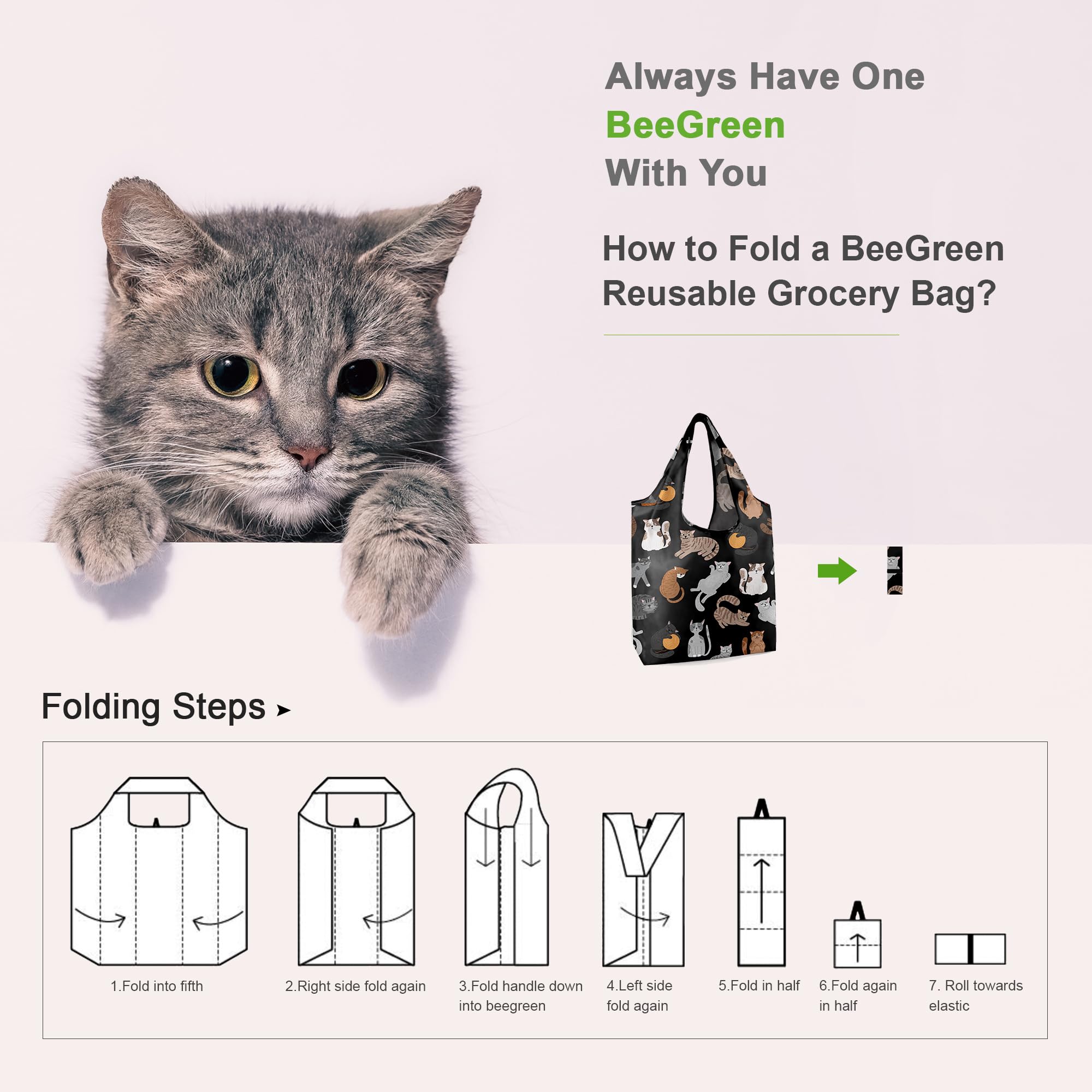 BeeGreen heavy-duty polyester totes with cat-designs for daily shopping.