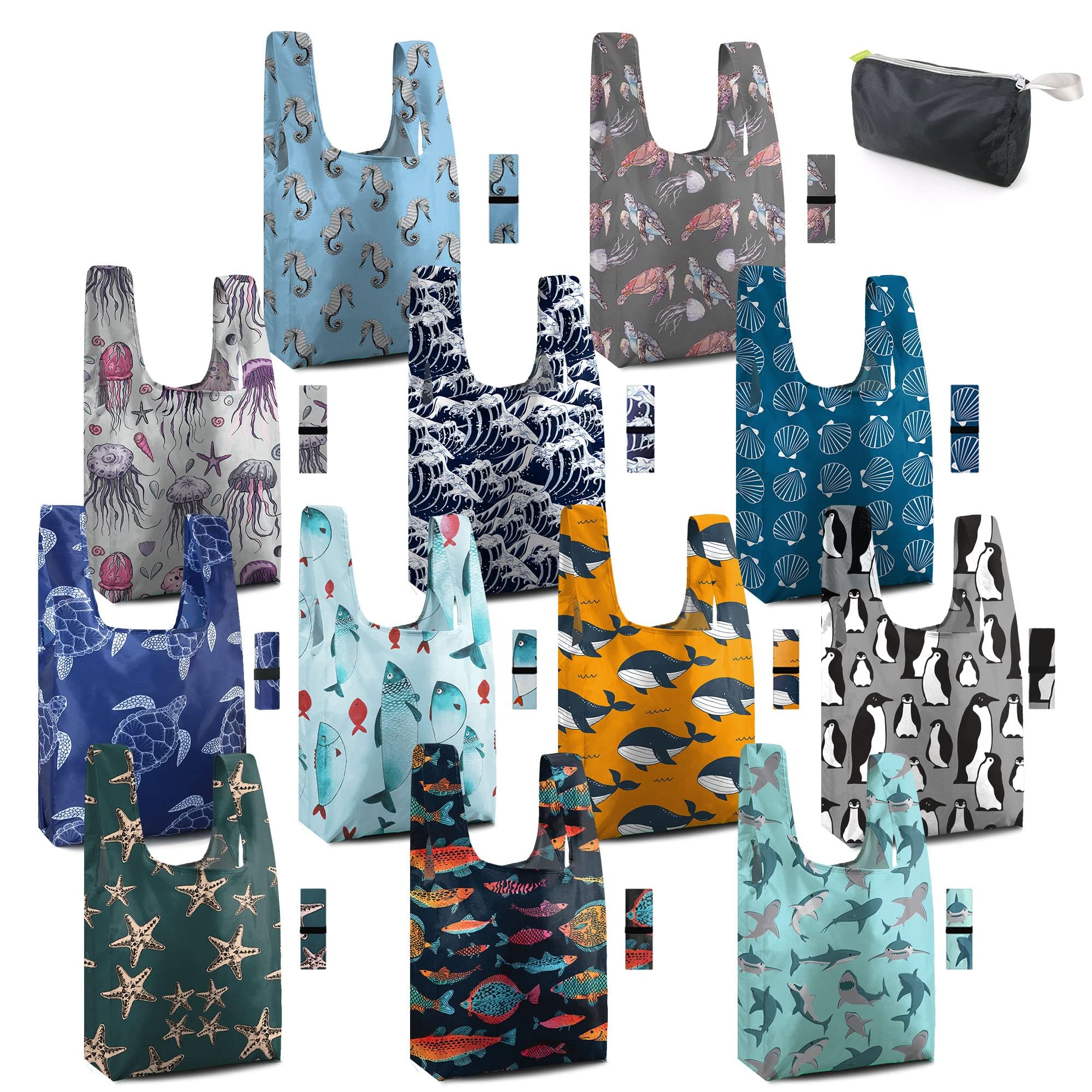 BeeGreen marine animal 12-pack bags—durable grocery totes for everyday shopping.