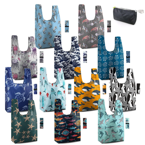 BeeGreen marine animal 12-pack bags—durable grocery totes for everyday shopping.