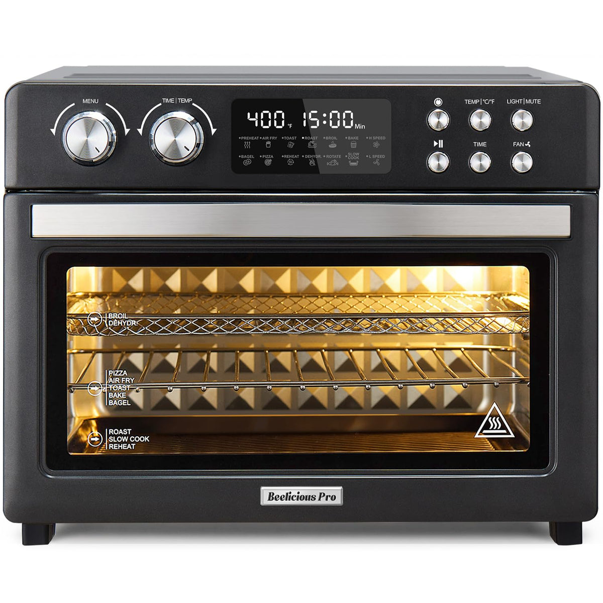 Beelicious Pro 28QT air fryer toaster oven on kitchen counter showing spacious capacity for family meals