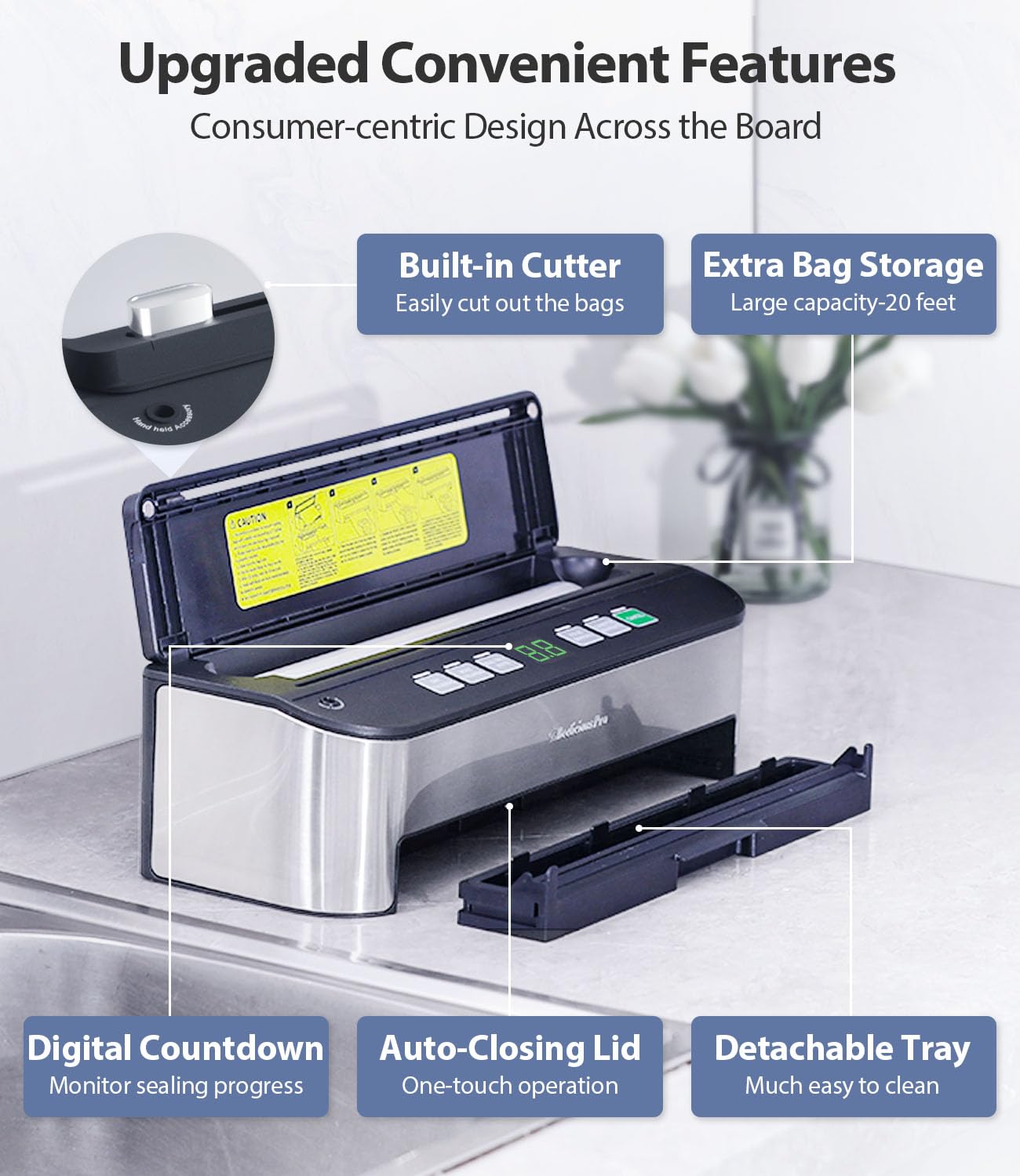 Beelicious Pro PressFree removable tray simplifies cleaning after sealing tasks.