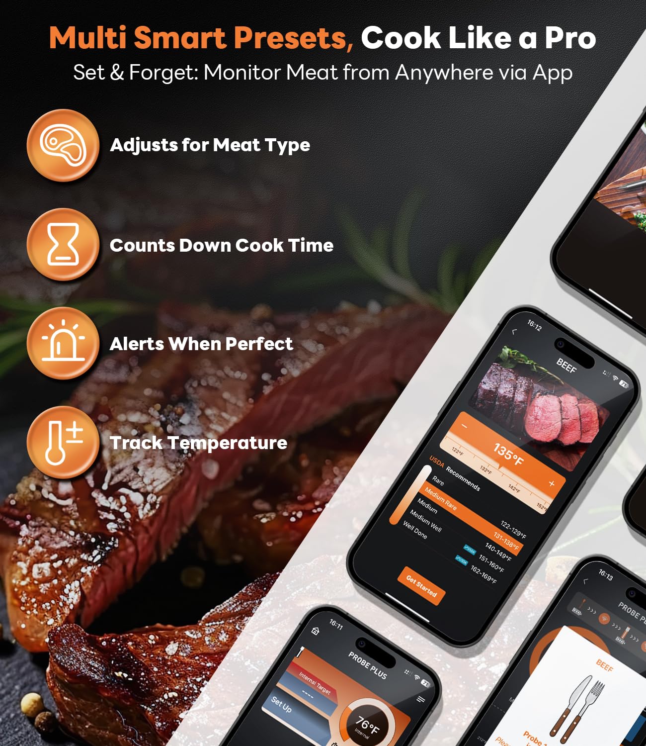 Beelicious Pro dual sensors provide internal and ambient temps for precise cooking.