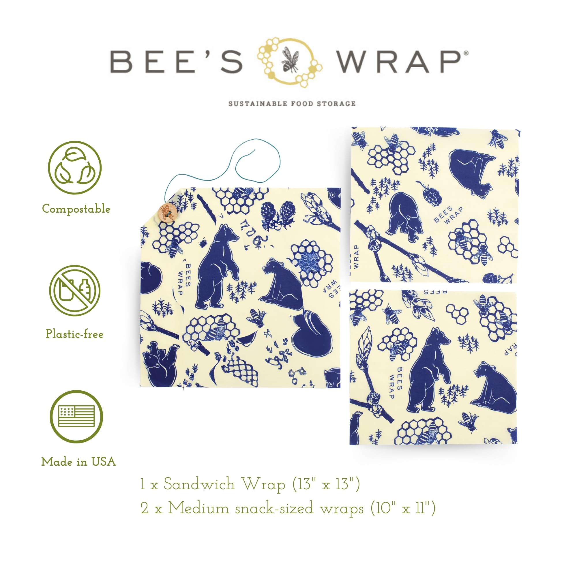 Bee's Wrap Sandwich Wrap 13x13 inch design ideal for homemade lunches.