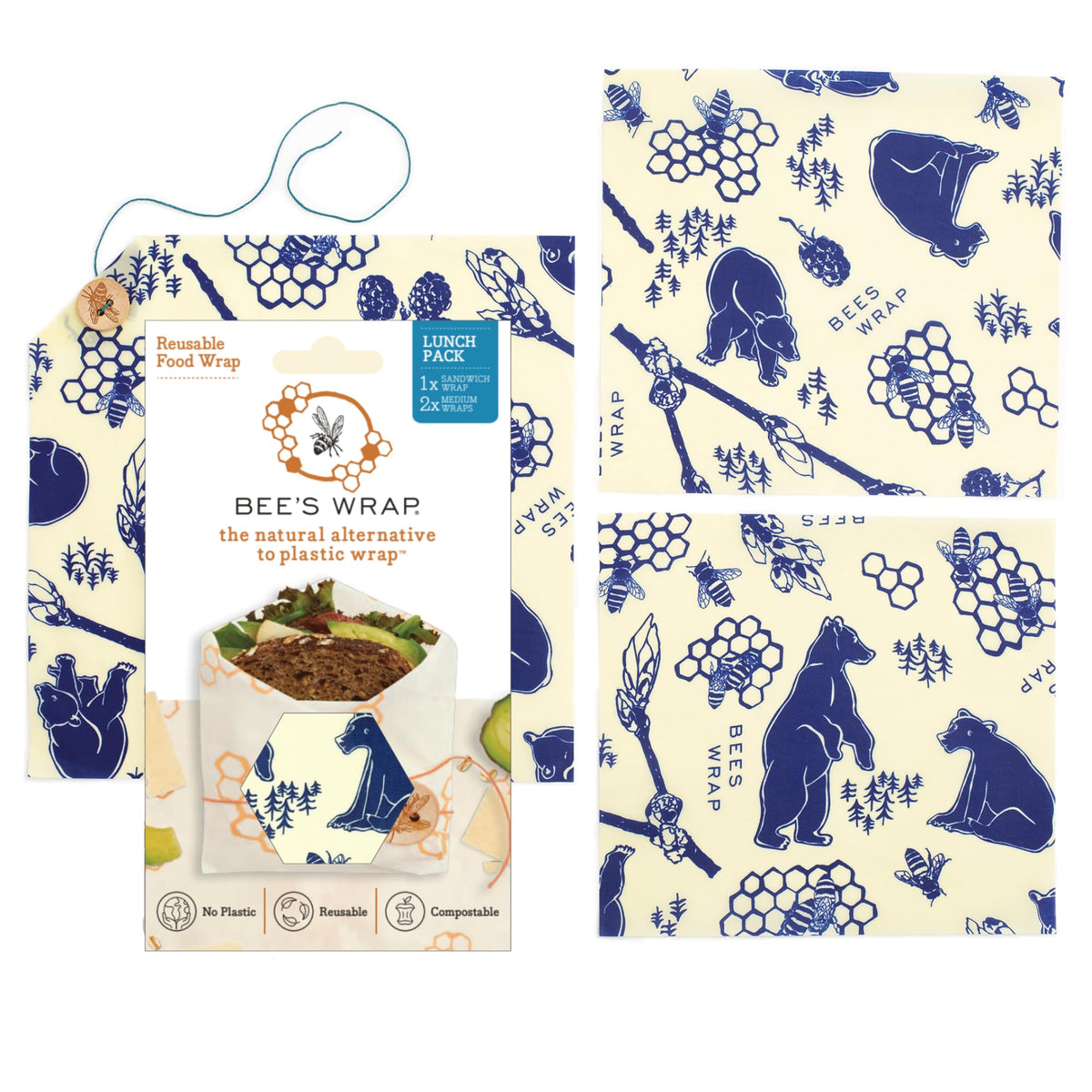 Bee's Wrap Bees + Bears two medium wraps shown for snack storage and reuse.