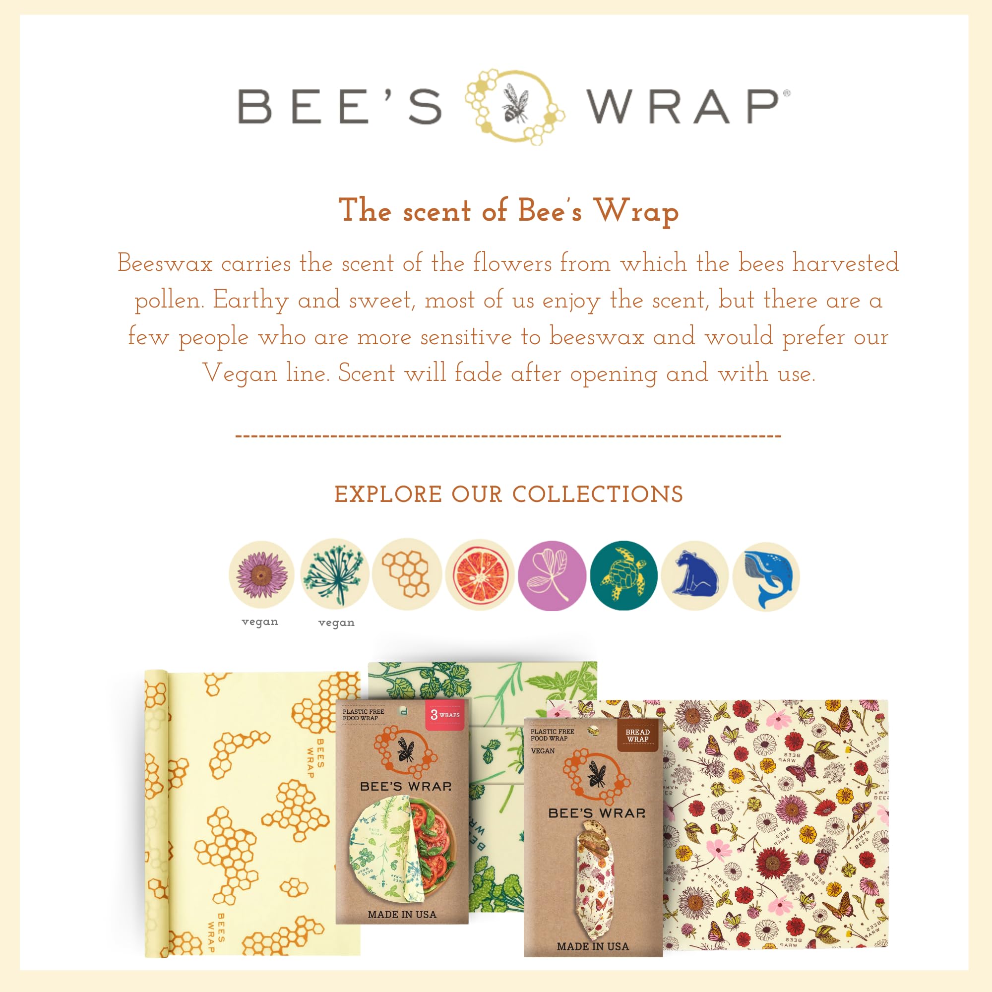 Bee's Wrap design showcases bees and bears; colorful and reusable food storage.