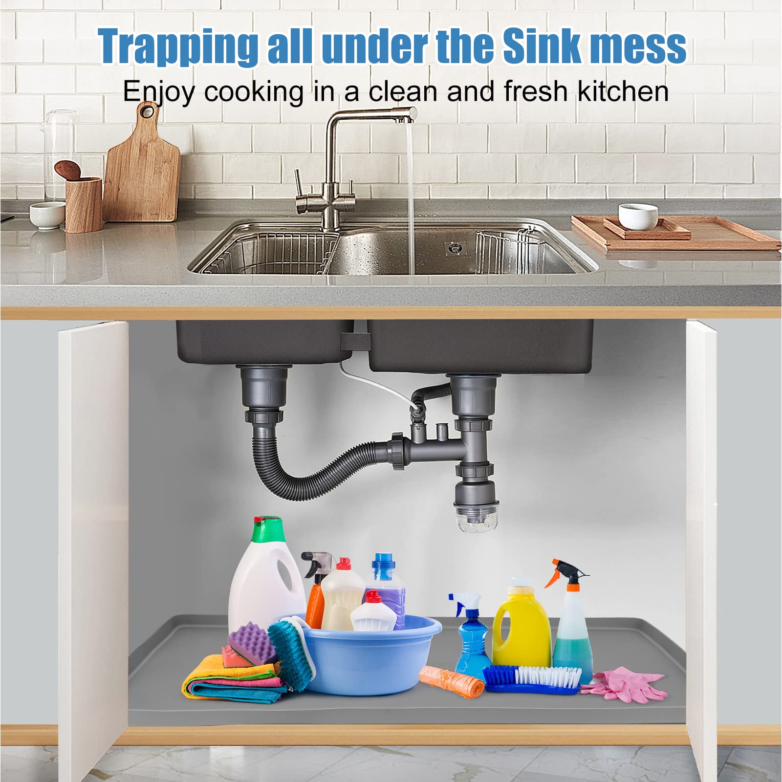 BeesVo under-sink mat water-lip-coverage contains spills for extra time to respond.