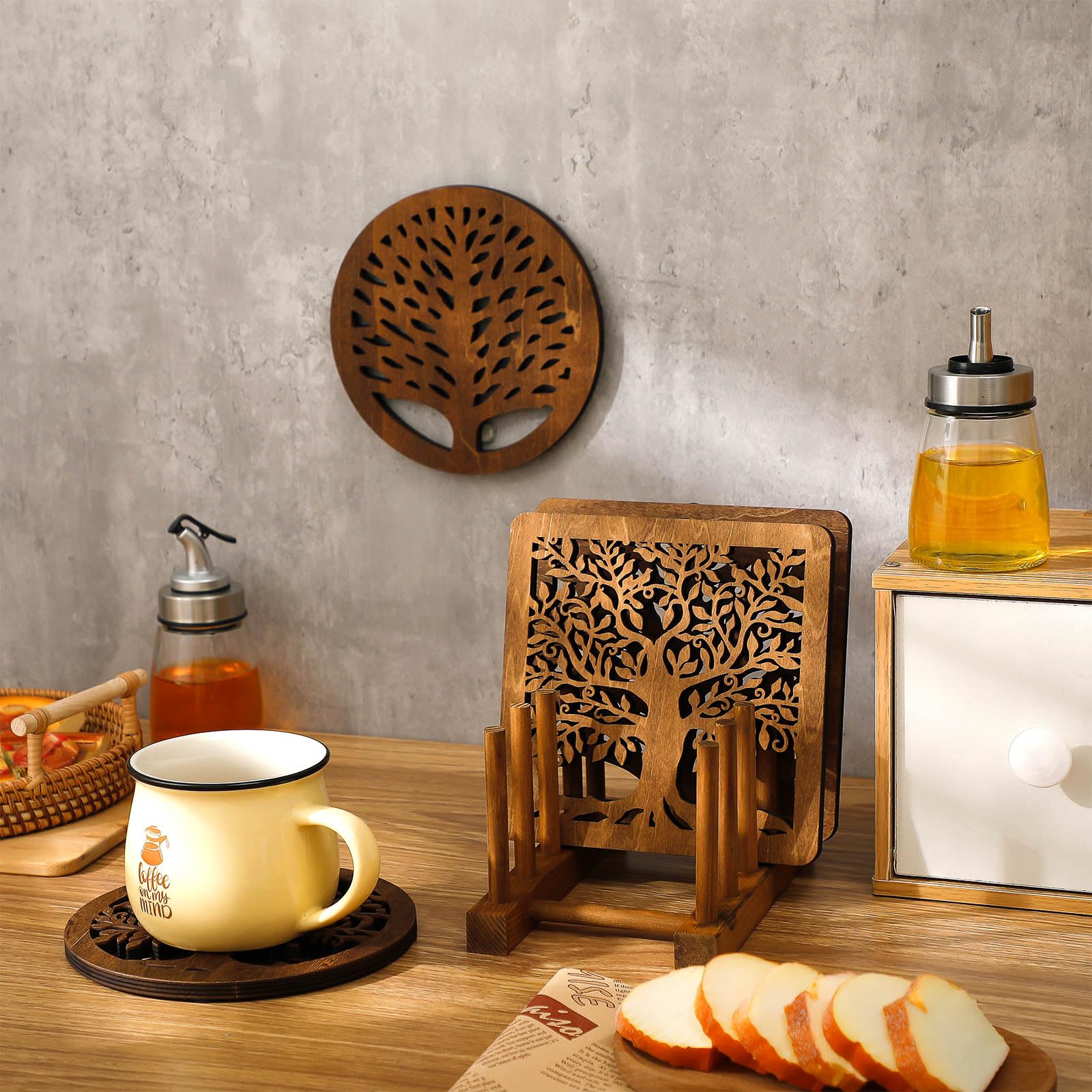 Beeveer dark wood round trivet adds rustic charm while protecting counters.