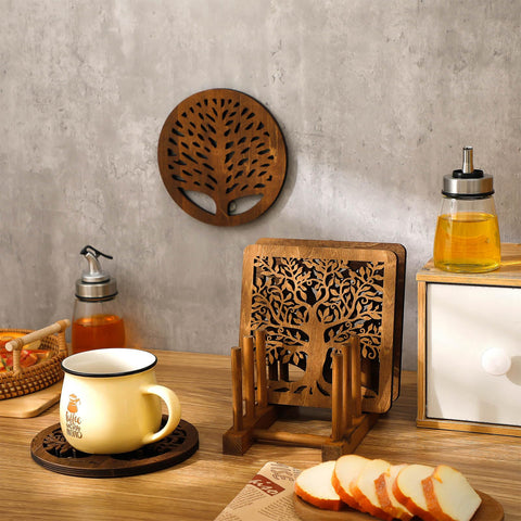 Beeveer dark wood round trivet adds rustic charm while protecting counters.