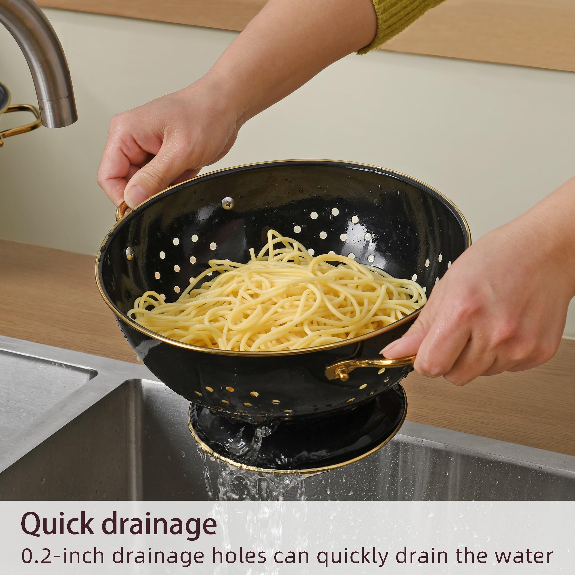 BeFare colander handle closeup shows durable metal and secure screw fixture.