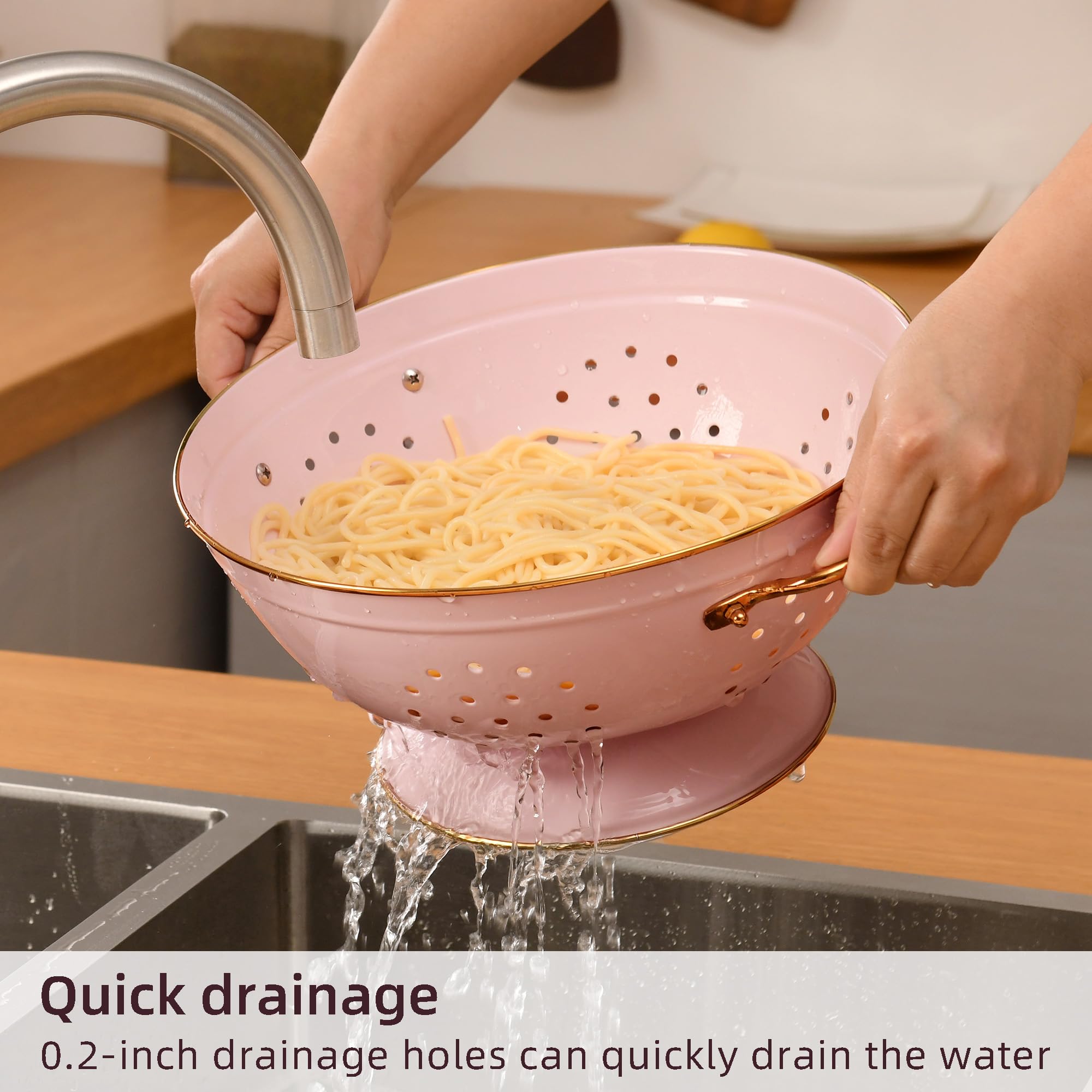 BeFare colander handle detail pink shows sturdy comfortable grip.