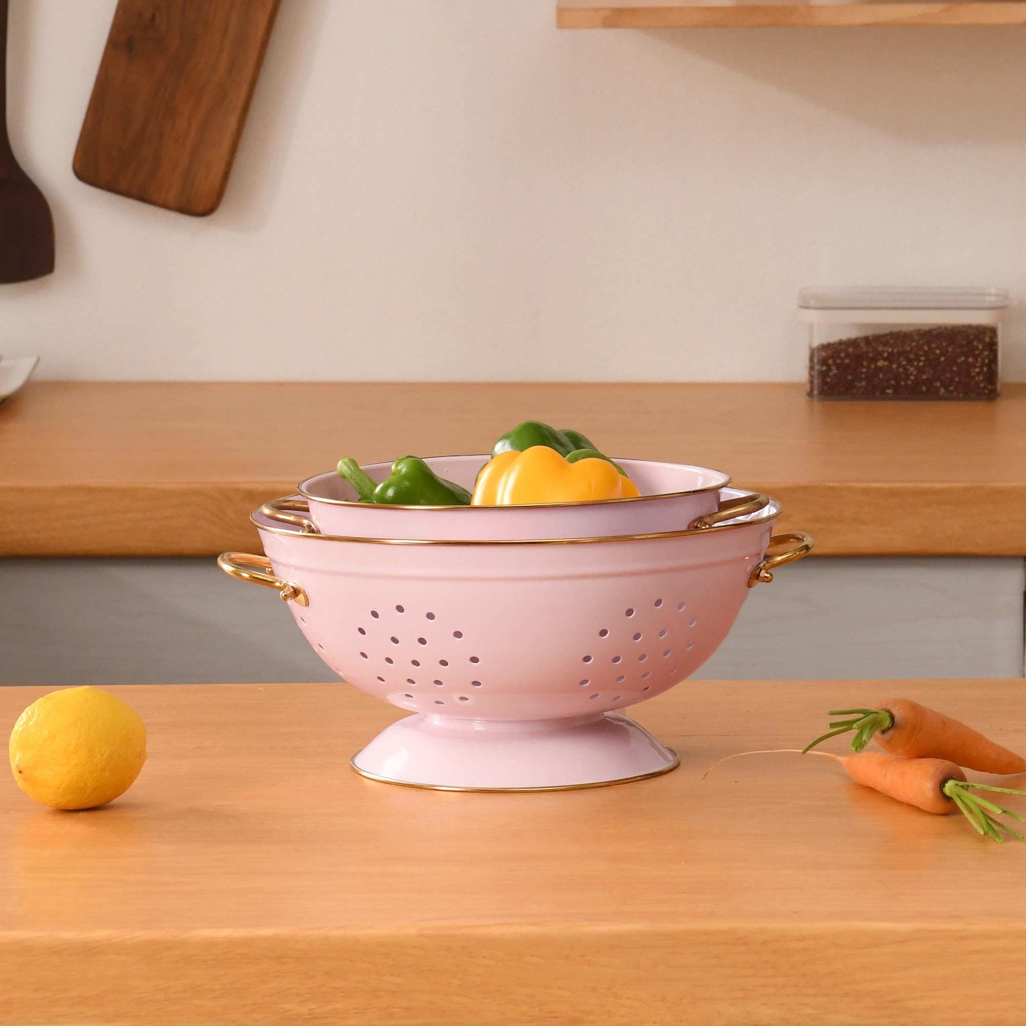 BeFare colander on pink kitchen counter adds style and function.