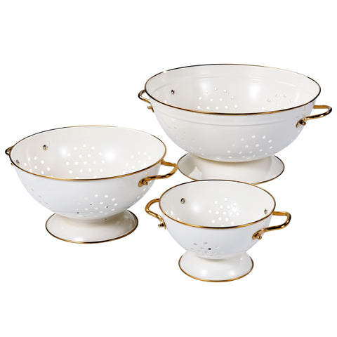 BeFare cream metal colander 1qt side view for compact storage and fast rinsing.