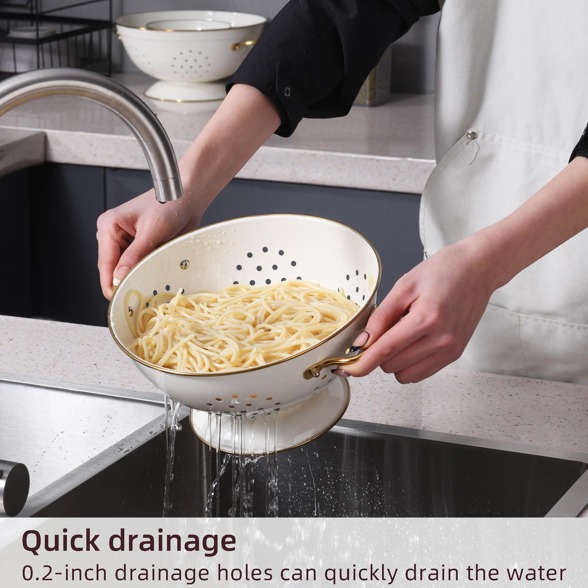 BeFare cream metal colander 5qt side view suitable for large batches and easy draining.