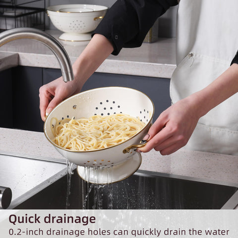 BeFare cream metal colander 5qt side view suitable for large batches and easy draining.
