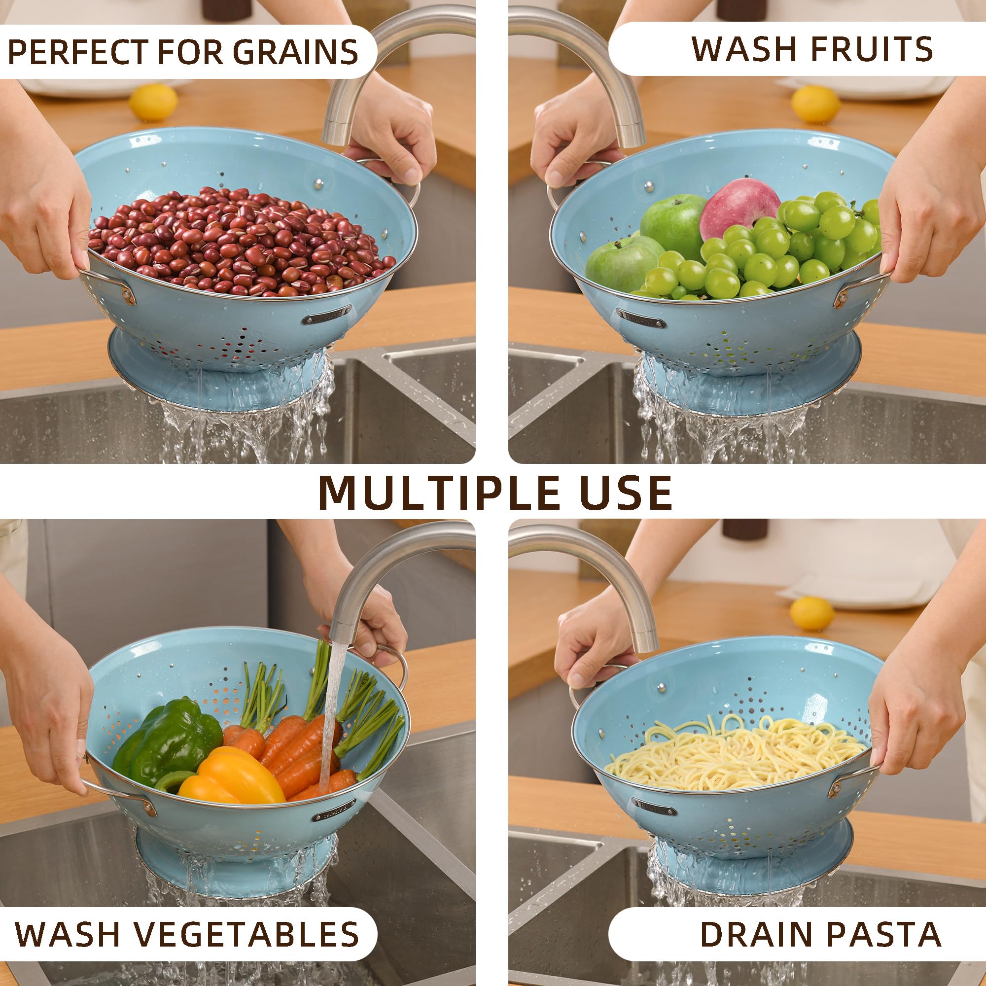 BeFare colander with powder-coated finish resists rust over time.