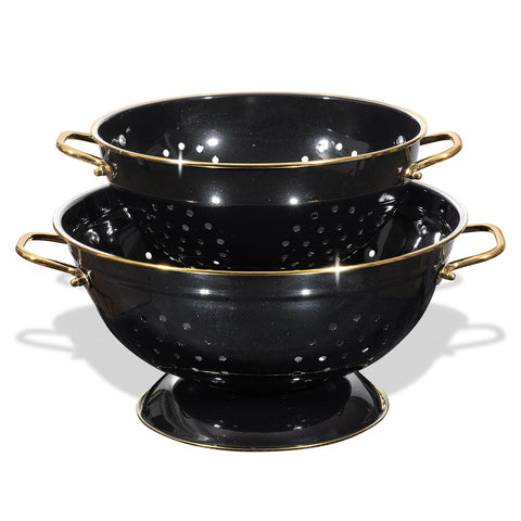 BeFare metal colander 3-quart glittery black, ideal for rinsing pasta and vegetables.