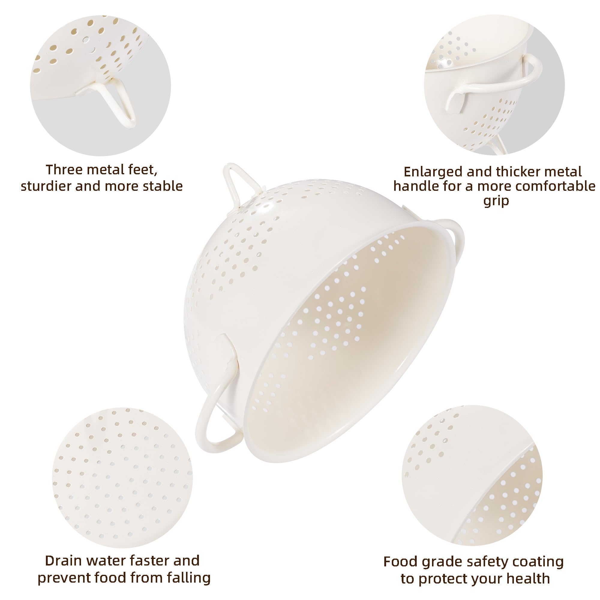 BeFare cream colander in use with pasta showing quick draining
