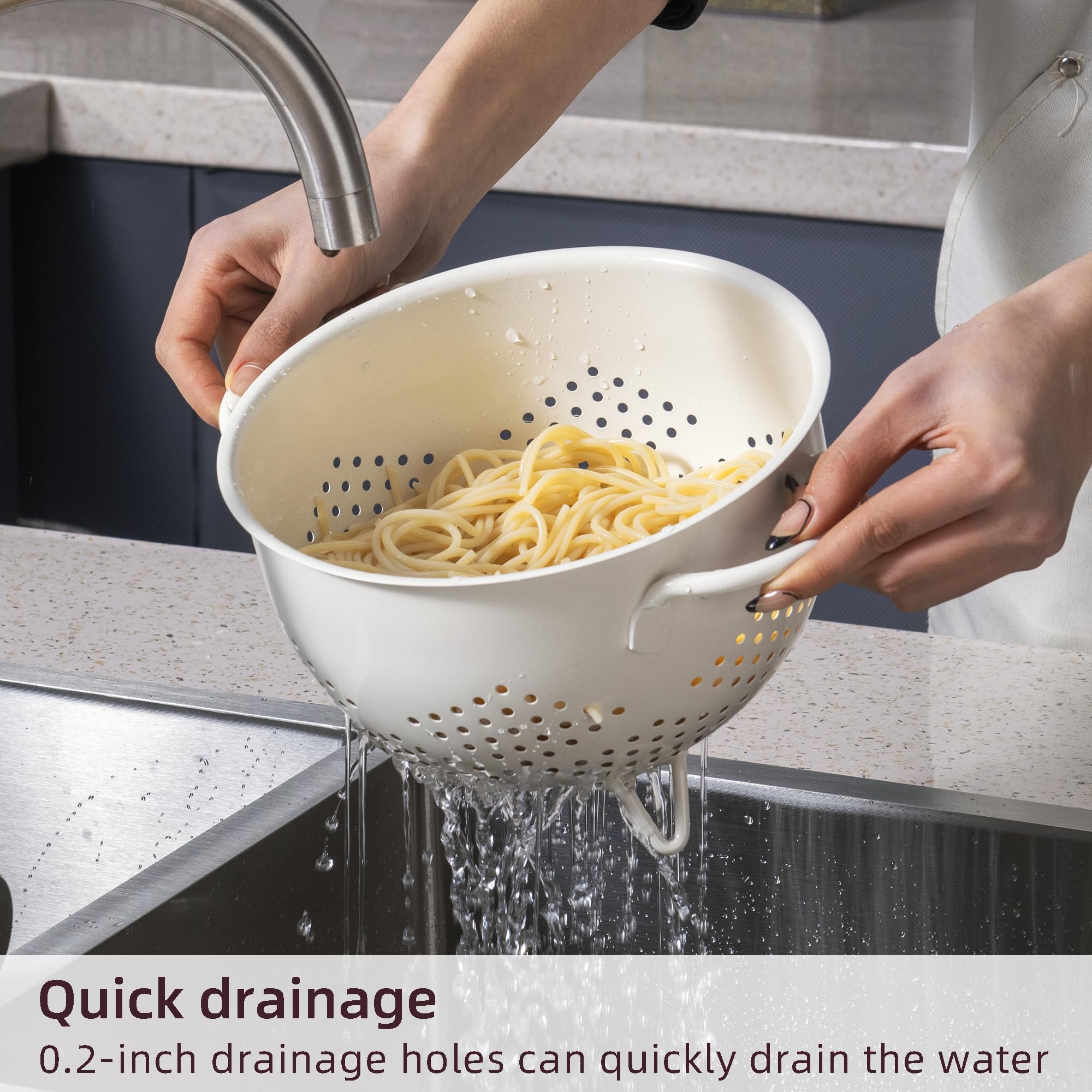 BeFare cream colander side view highlighting powder coated rust resistant finish