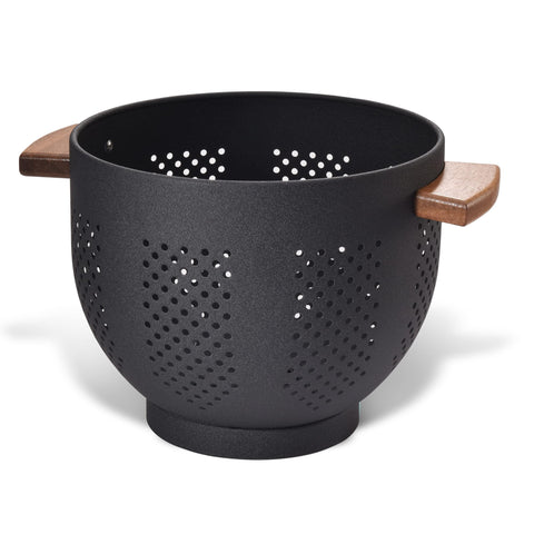 BeFare metal colander with wood handle in full view showing grip and balance.
