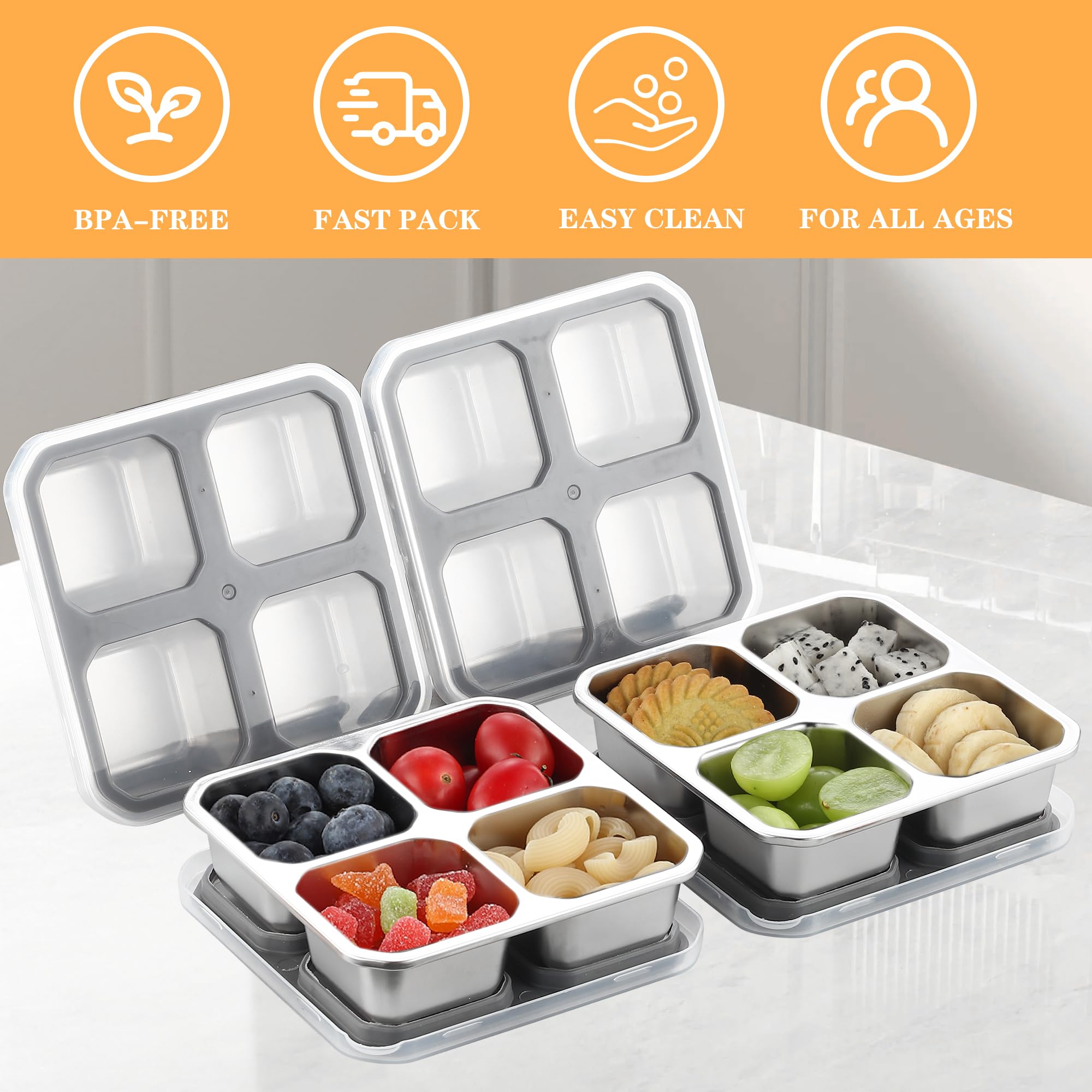BEFOY kids snack container with four sections keeps veggies and fruits separated.