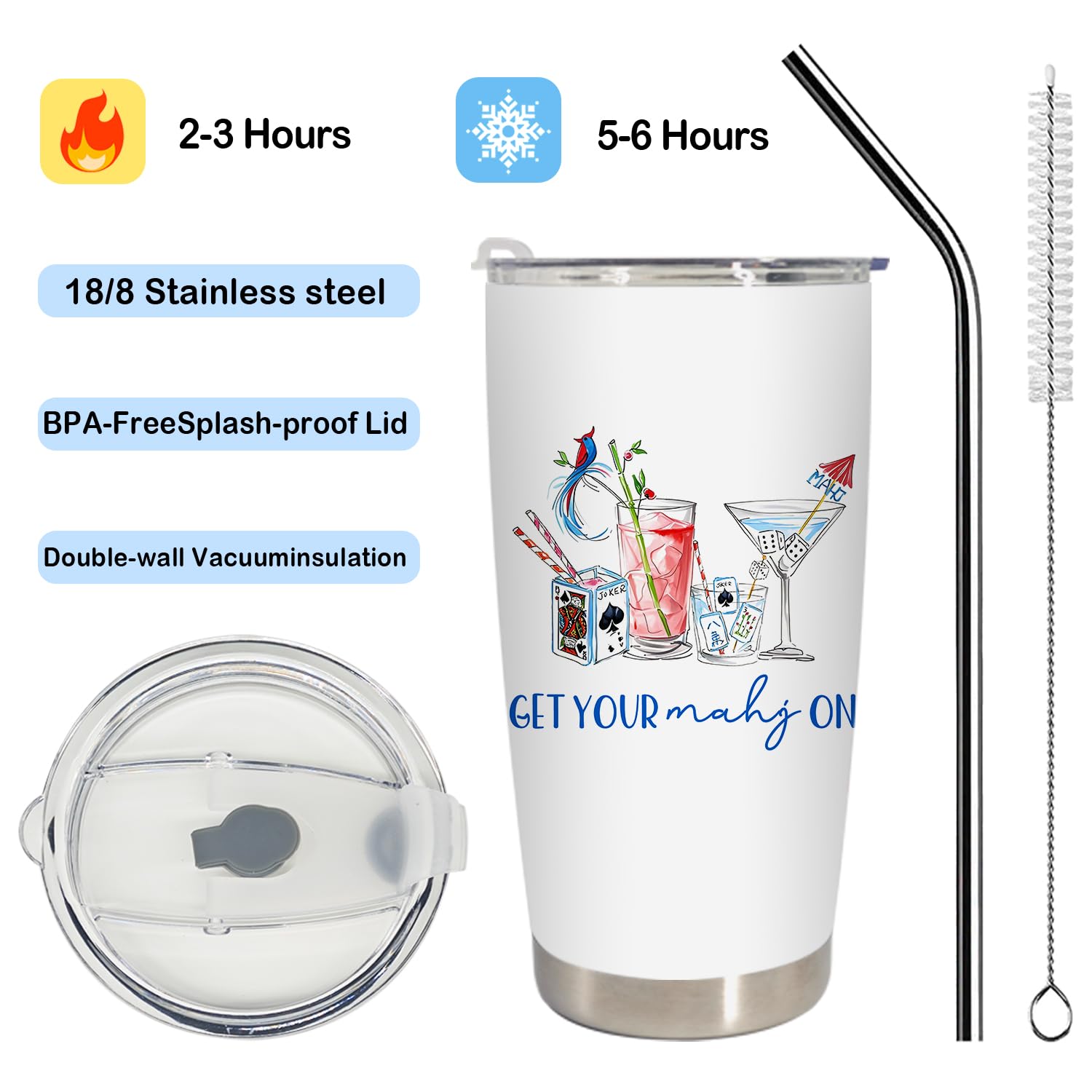 BEHIFL 20oz stainless steel tumbler with double-wall insulation for cold drinks.