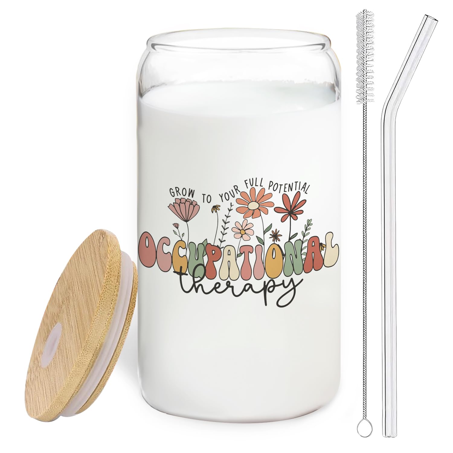 BEHIFL 14oz glass cup with bamboo lid and straw for versatile hot or cold beverages.