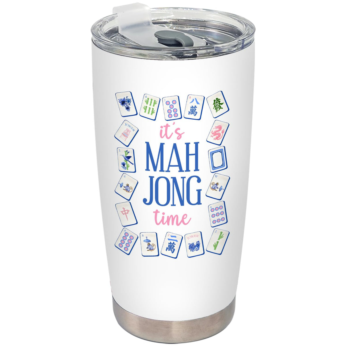 BEHIFL pink-blue chinoiserie mahjong tumbler lid-straw for on-the-go sipping