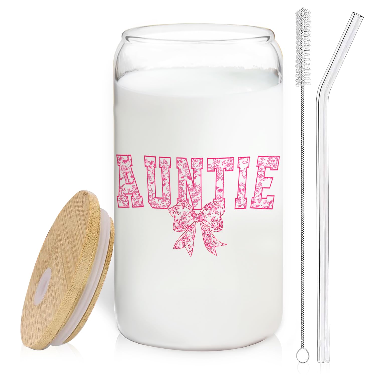 BEHIFL pink bow auntie glass cup with lid and straw for stylish iced drinks.