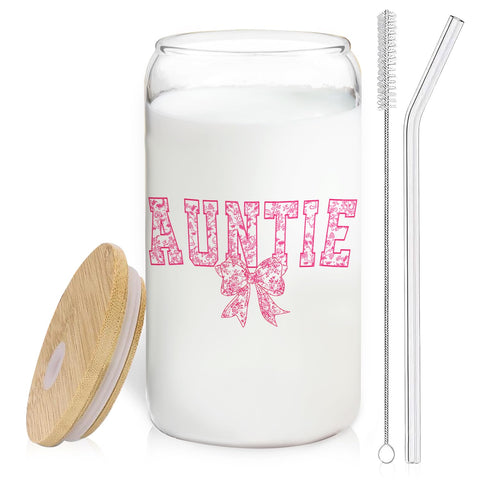 BEHIFL pink bow auntie glass cup with lid and straw for stylish iced drinks.
