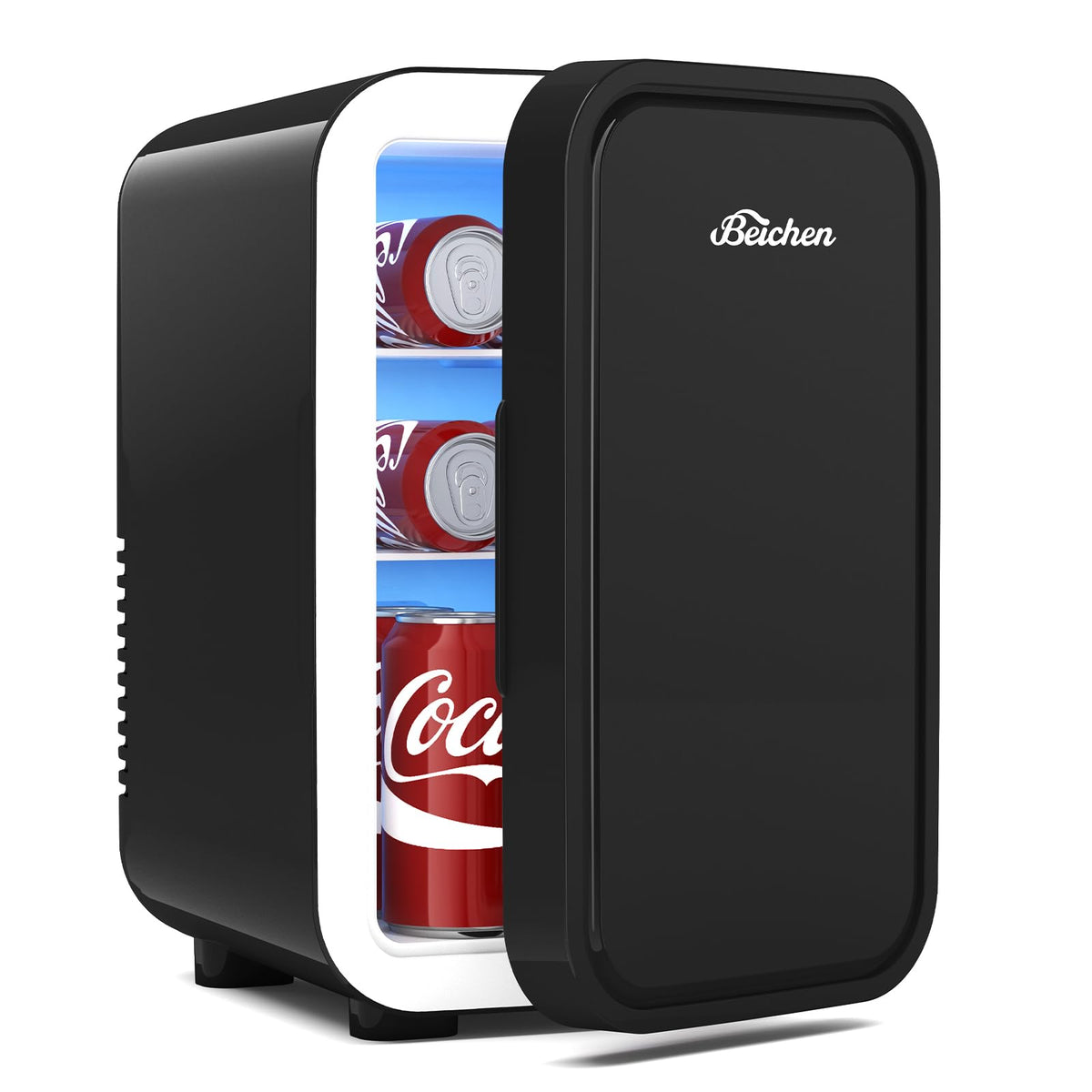 BEICHEN mini fridge interior shows 6L capacity for skincare and drinks.