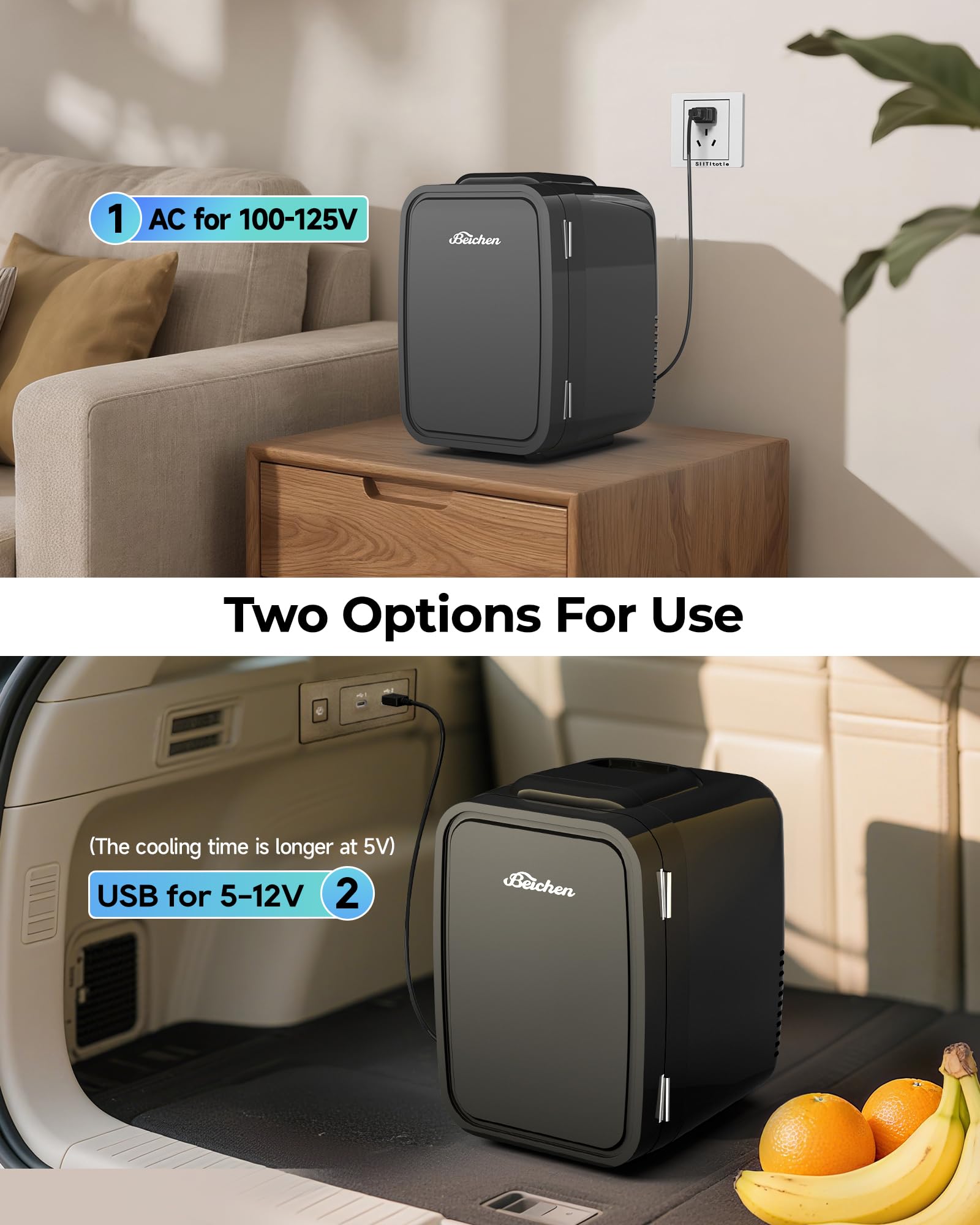 BEICHEN Mini Fridge supports AC and USB power for home, office, or car.