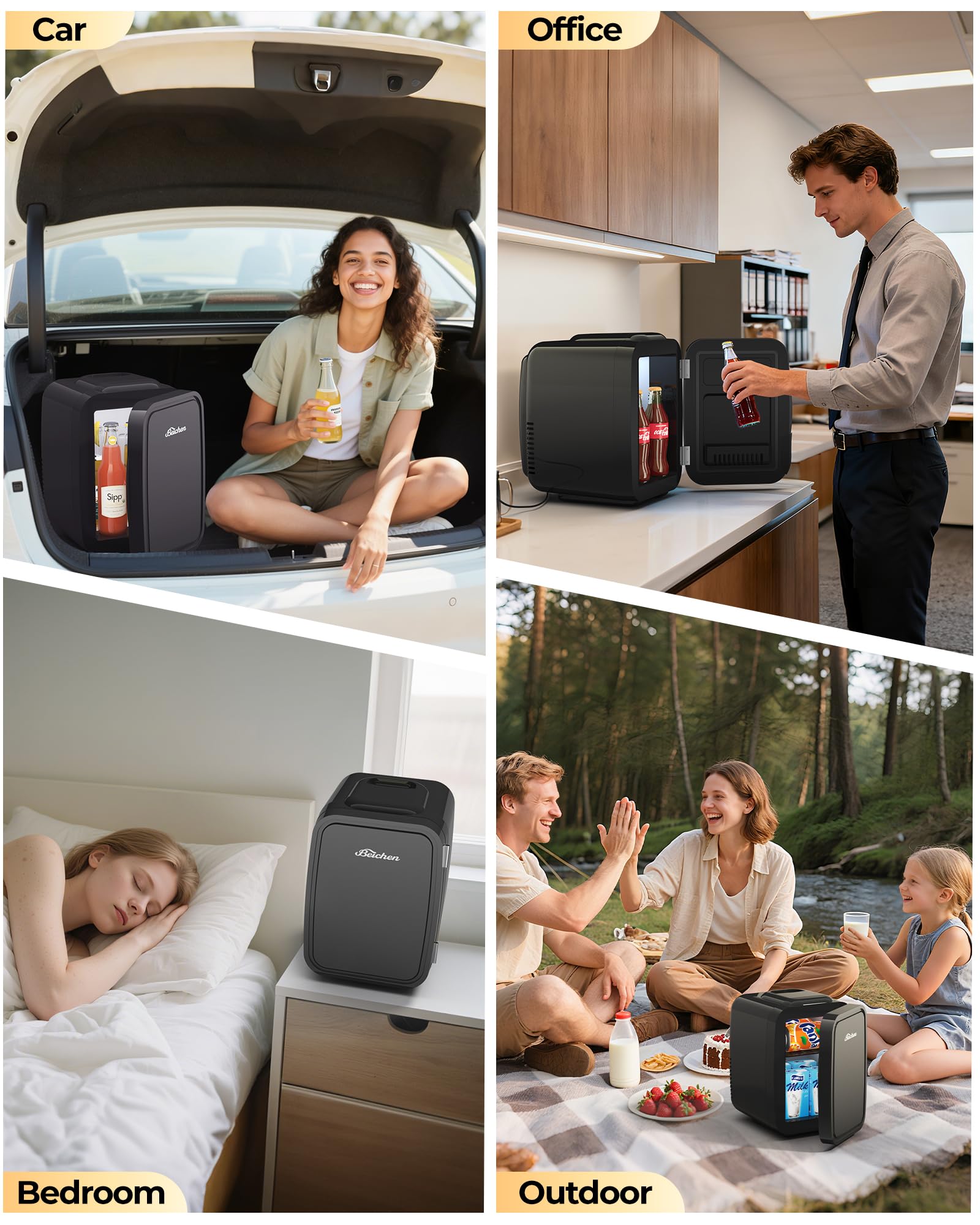 BEICHEN Mini Fridge ideal for dorms, bedrooms, offices, and road trips.