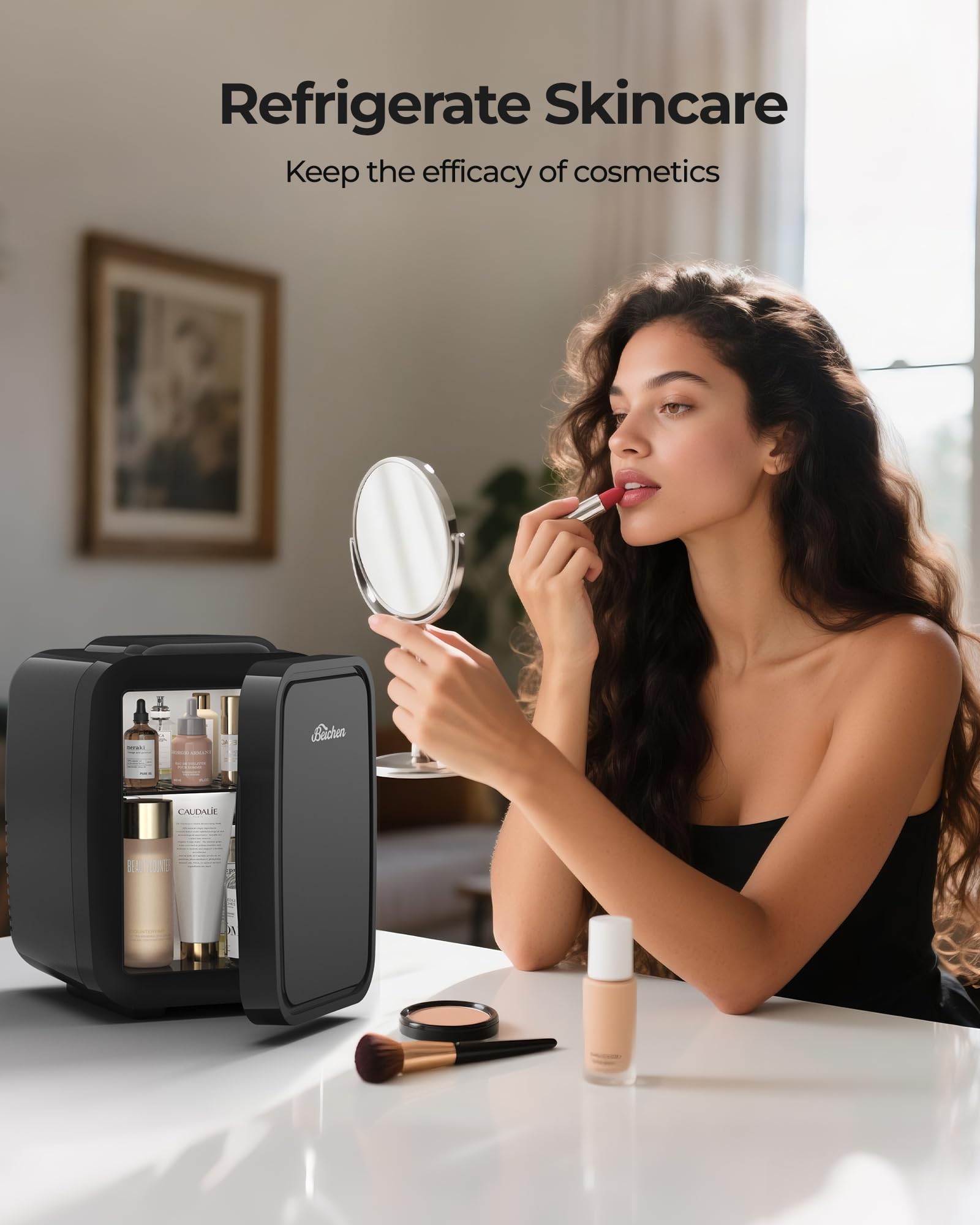 BEICHEN Mini Fridge fast cooling preserves skincare and beverages.