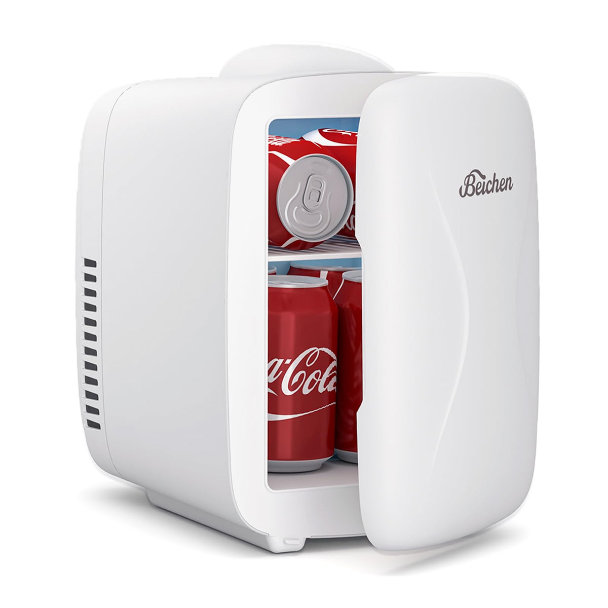 BEICHEN Mini Fridge front view highlights compact design ideal for desks and small spaces.