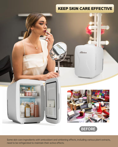 BEICHEN Mini Fridge with door open shows accessible cooling for drinks.