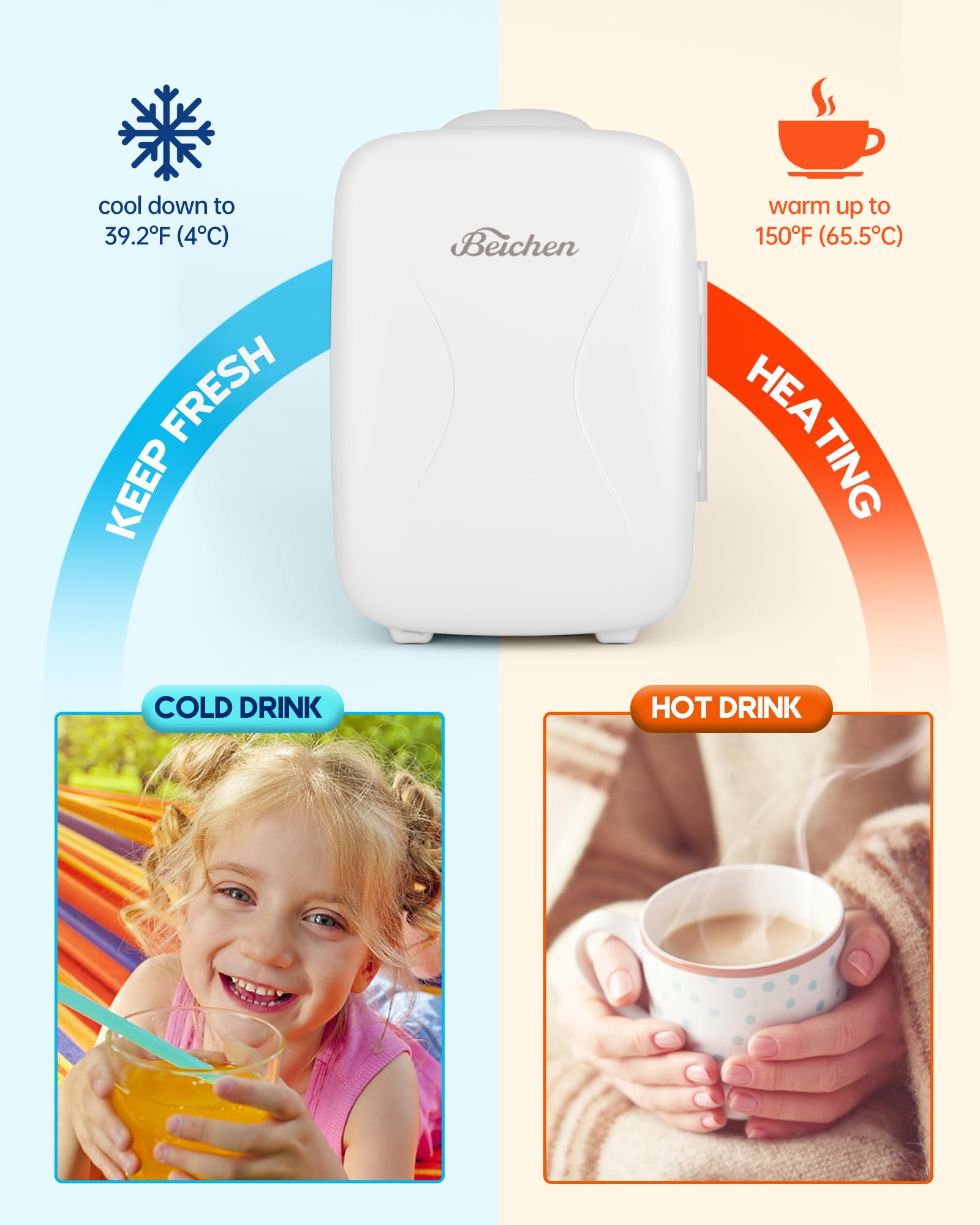 BEICHEN Mini Fridge warm function keeps skincare and drinks ready.