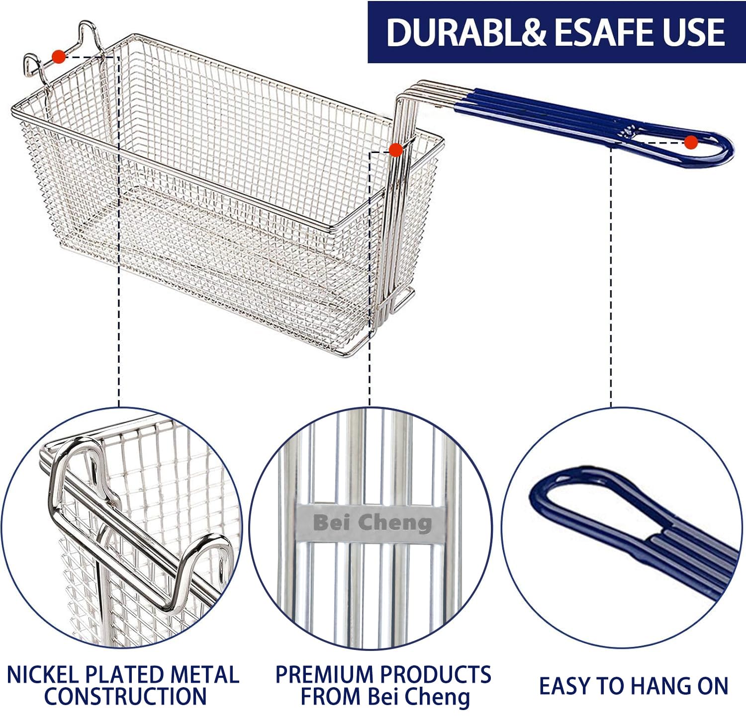 Bei Cheng fryer basket with hook for hanging on fryer bar