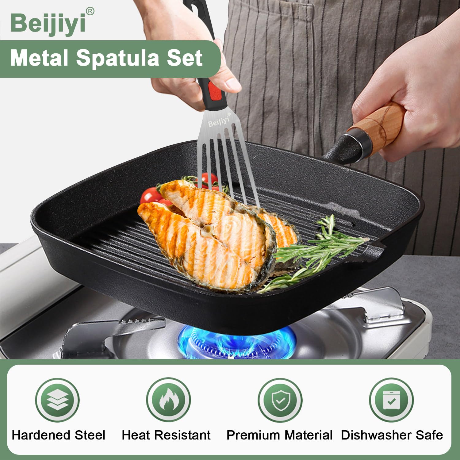 Beijiyi spatula ideal for cast iron skillets with a thin beveled edge.
