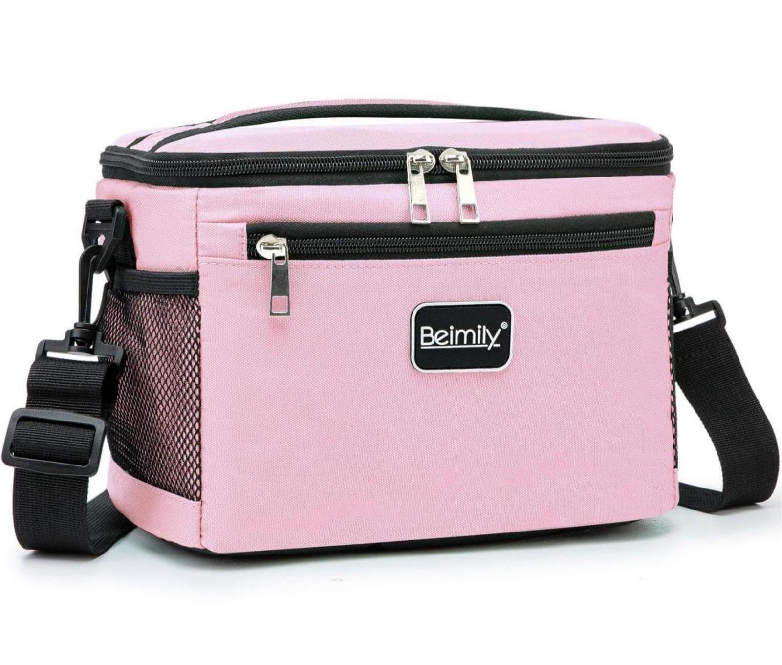 BEIMILY pink 8L lunch bag, front view, roomy main compartment for meals.