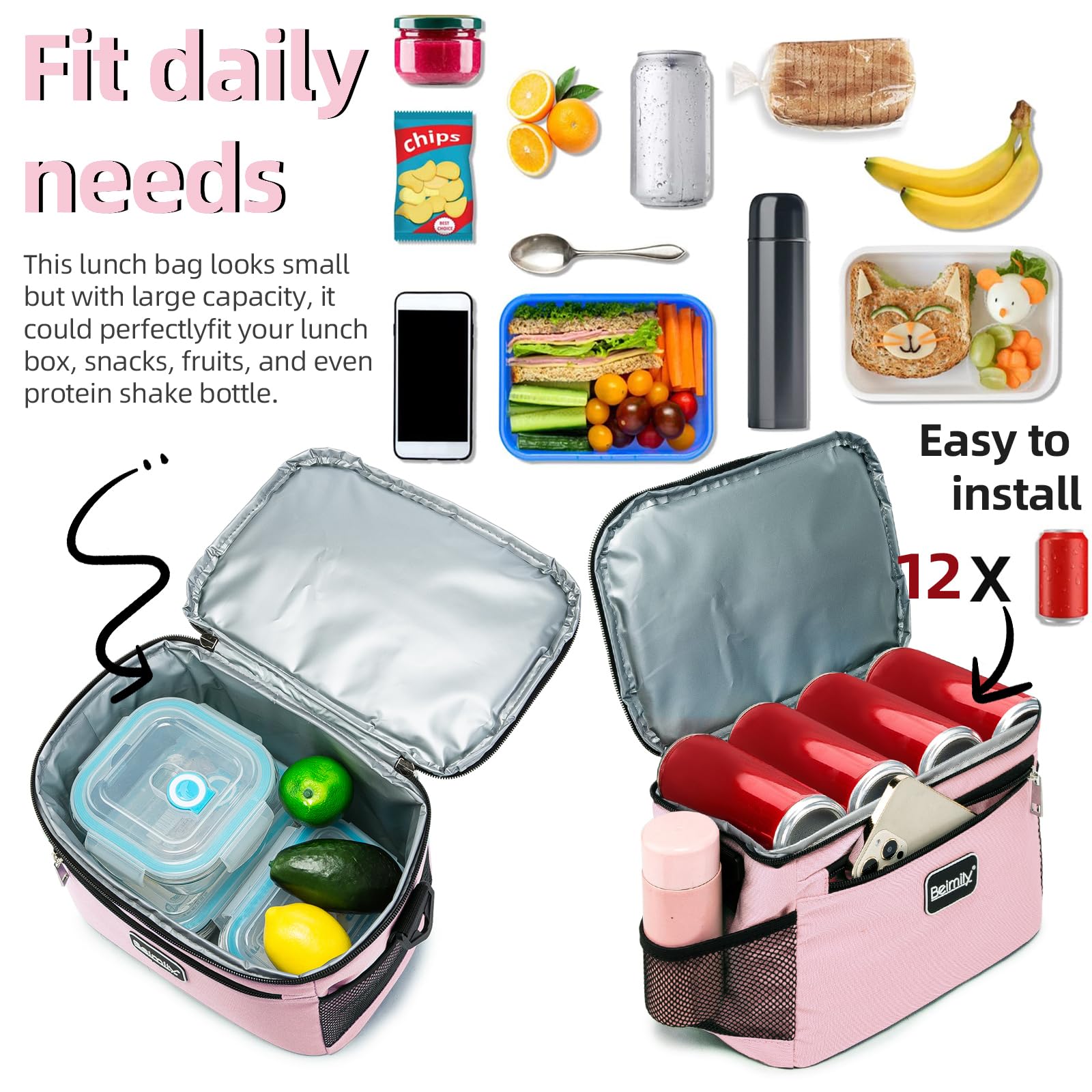 BEIMILY pink lunch bag interior view showing PEVA lining for easy cleaning.
