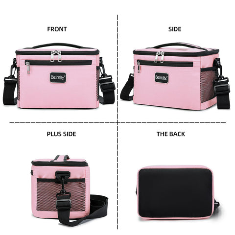 BEIMILY pink lunch bag outer 600D fabric resists spills and weather.