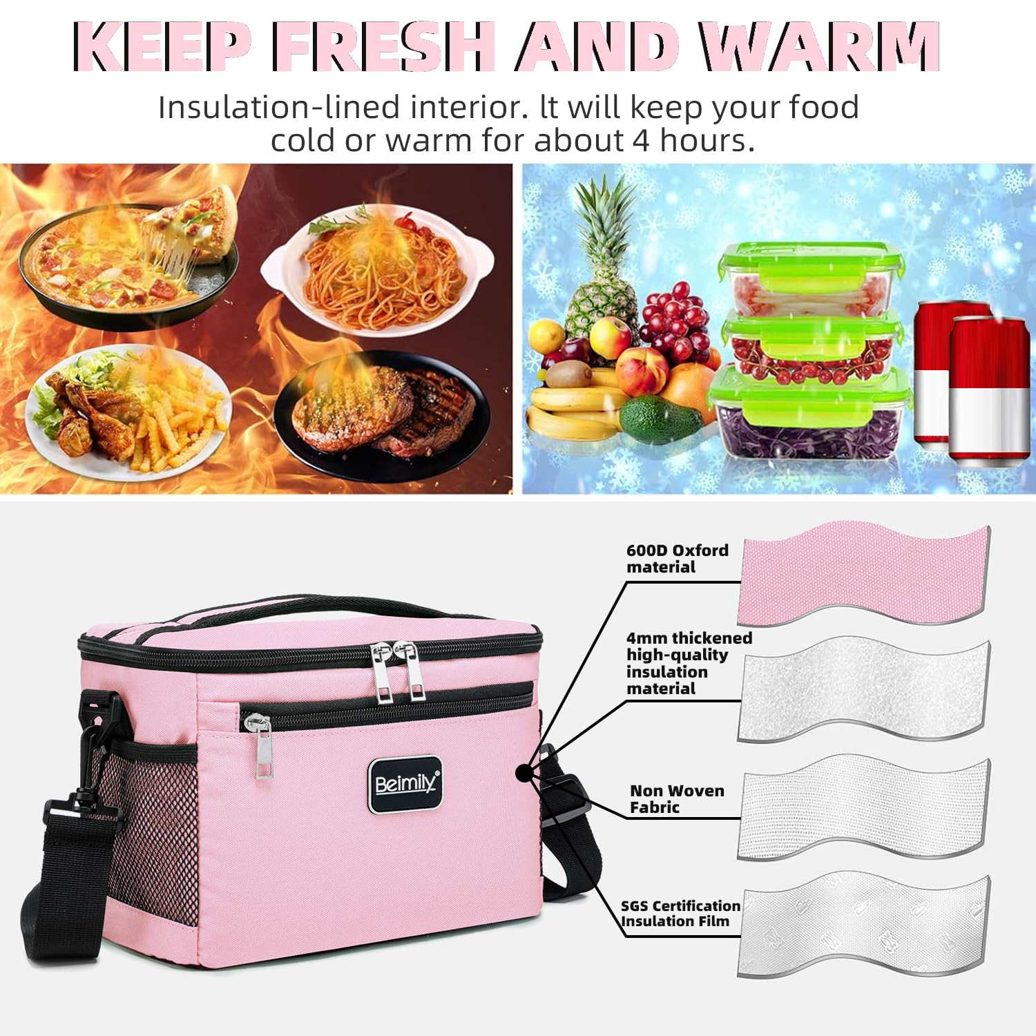 BEIMILY pink lunch bag side pocket for water bottle or accessories.
