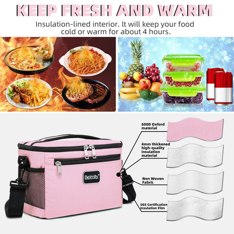 BEIMILY pink lunch bag side pocket for water bottle or accessories.