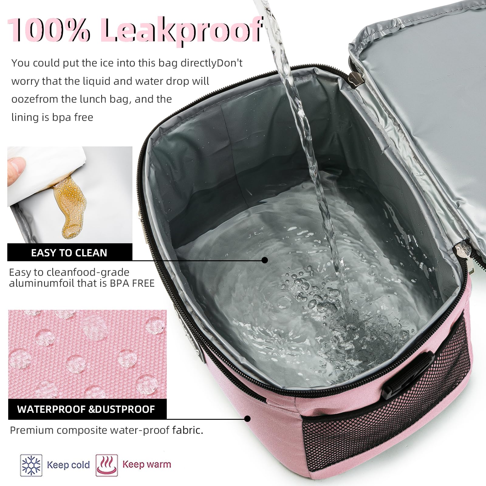 BEIMILY pink lunch bag with adjustable strap for comfortable carrying.