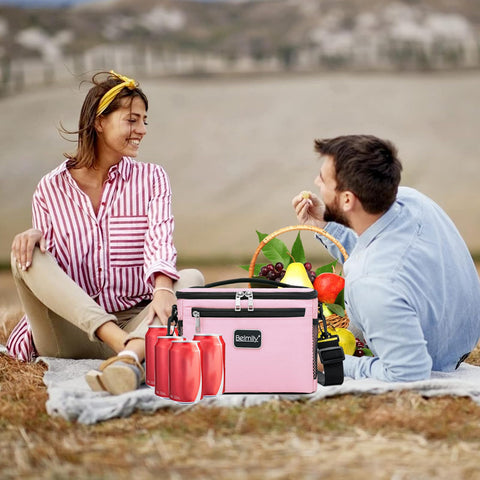 BEIMILY pink lunch bag in use scenario, ready for work or picnic.