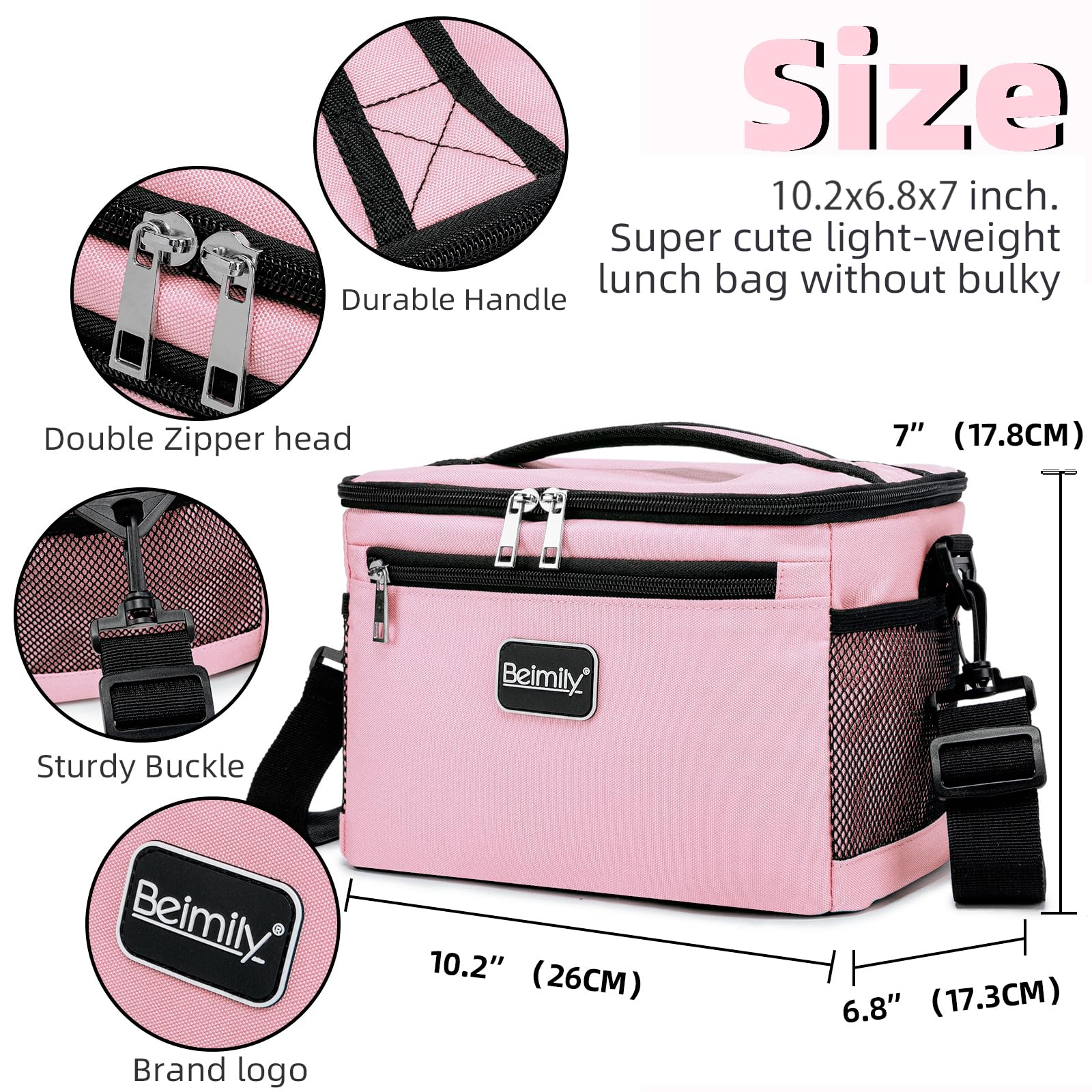 BEIMILY pink lunch bag, utensils pocket visible for easy on-the-go dining.