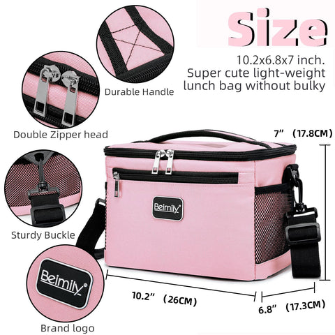 BEIMILY pink lunch bag, utensils pocket visible for easy on-the-go dining.
