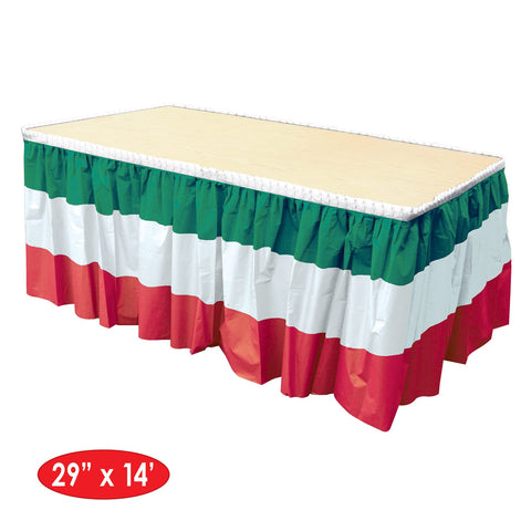 Beistle red white green table skirting installed around rectangular table for Fiesta ambience.