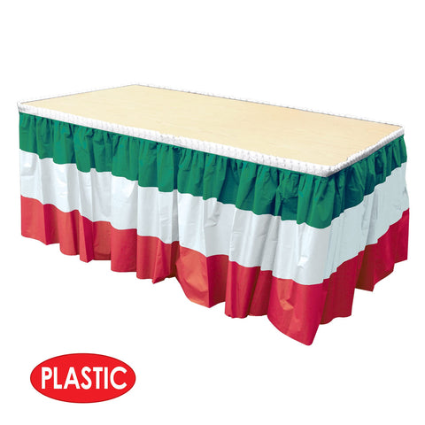 Beistle plastic table skirting with self-adhesive back for easy setup.