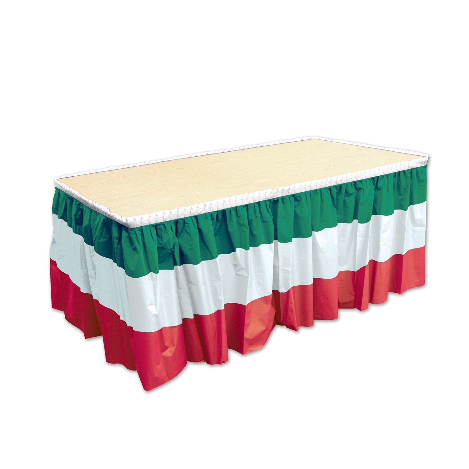 Beistle red white green table skirting around rectangular table for festive Fiesta décor.